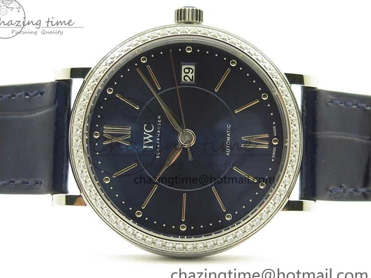 MIROTIME 0429 Portofino 37mm SS V7F 1:1 Best Edition Blue Dial Diamonds Bezel on Blue Leather Strap A Chic 7093